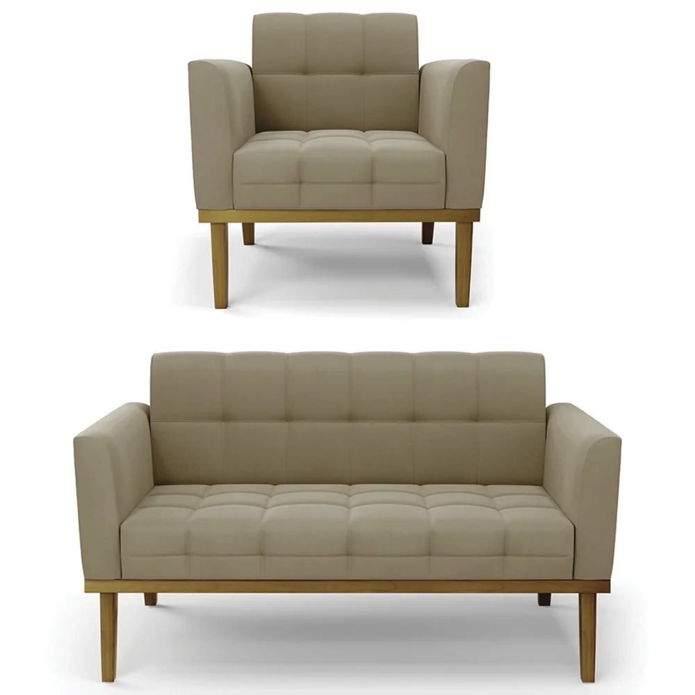 Sofá Namoradeira e 1 Poltrona Base Madeira Castanho Ana Suede Marrom RT - Ibiza