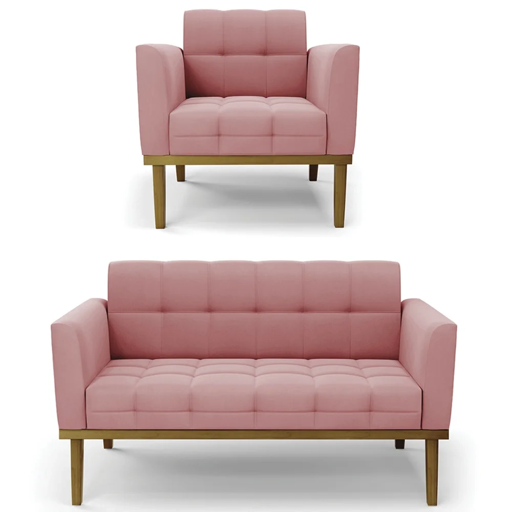 Sofá Namoradeira e 1 Poltrona Base Madeira Castanho Ana Suede Rosê - Ibiza