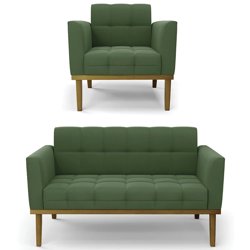 Sofá Namoradeira e 1 Poltrona Base Madeira Castanho Ana Suede Verde - Ibiza