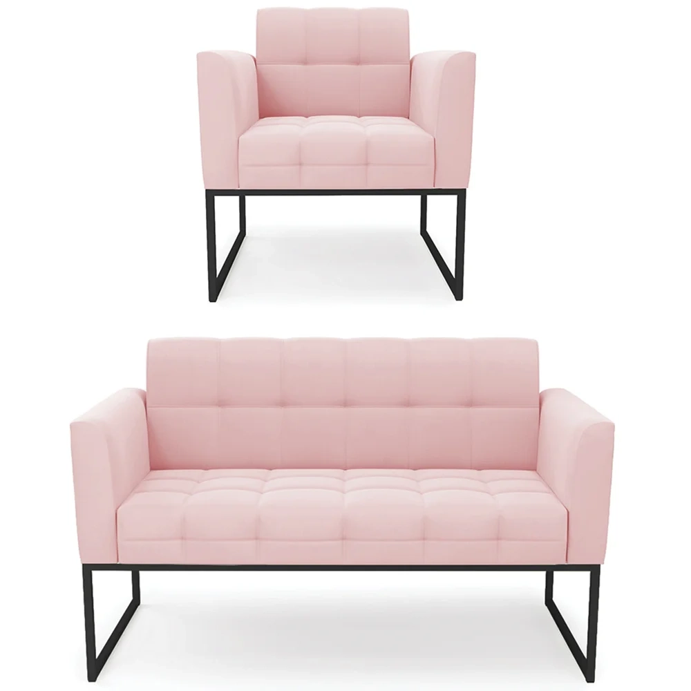 Sofá Namoradeira e 1 Poltrona Base Industrial Preto Ana Suede Rosa Bebê - Ibiza