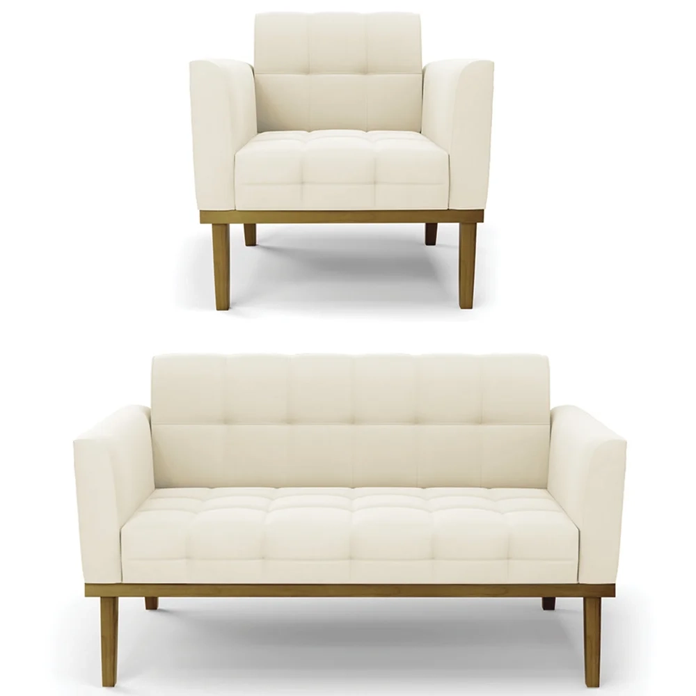 Sofá Namoradeira e 1 Poltrona Base Madeira Castanho Ana Veludo Bege - Ibiza