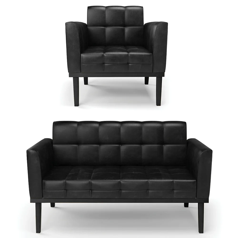 Sofá Namoradeira e 1 Poltrona Base Madeira Preto Ana Sintético PU Preto - Ibiza