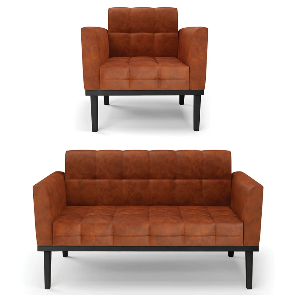 Sofá Namoradeira e 1 Poltrona Base Madeira Preto Ana Sintético PU Nozes - Ibiza