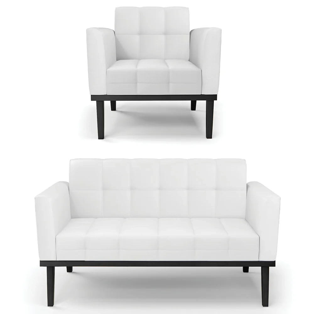 Sofá Namoradeira e 1 Poltrona Base Madeira Preto Ana Sintético Branco - Ibiza