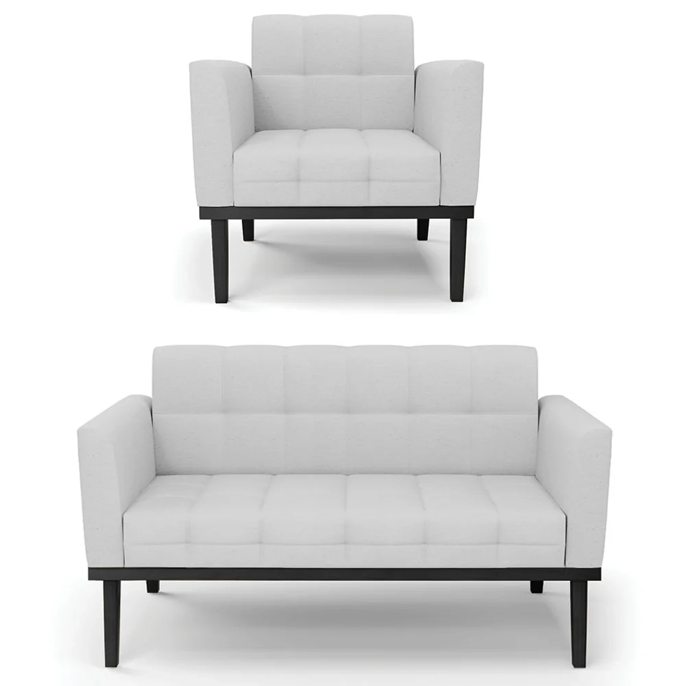 Sofá Namoradeira e 1 Poltrona Base Madeira Preto Ana Linho Cinza - Ibiza