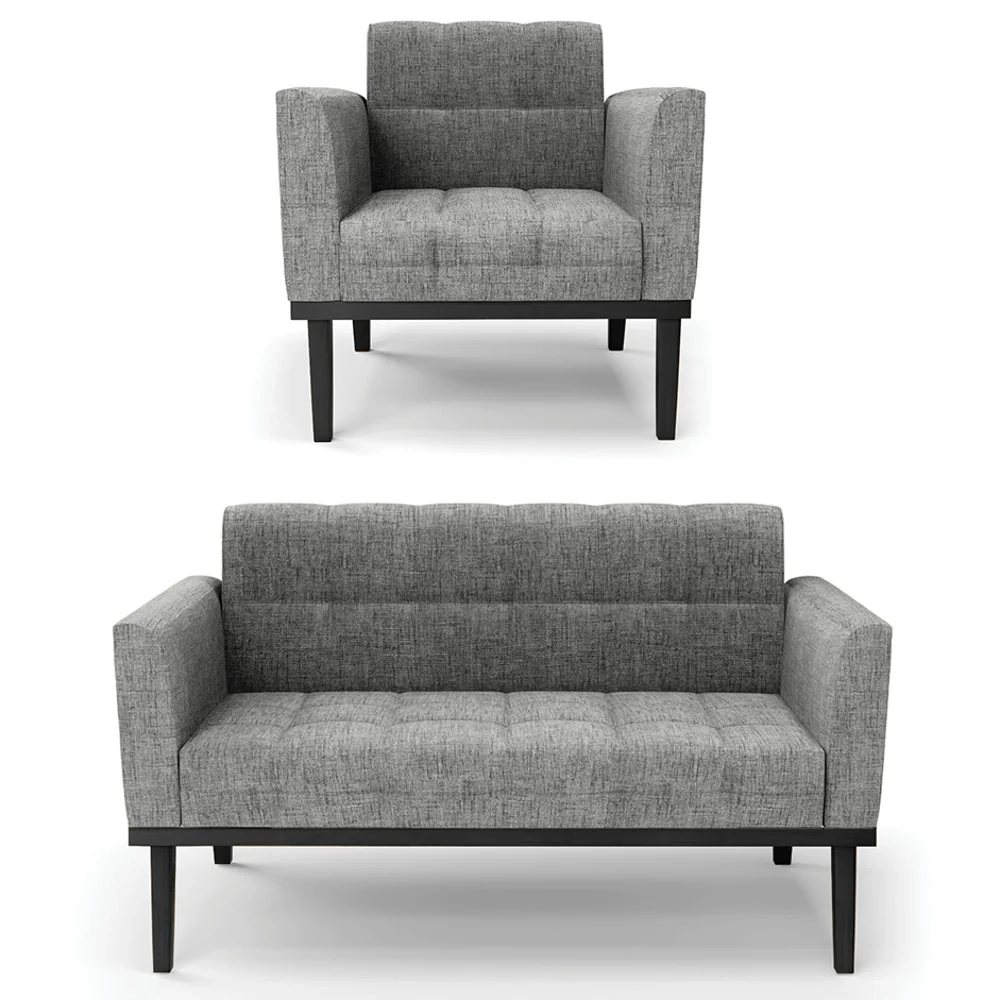 Sofá Namoradeira e 1 Poltrona Base Madeira Preto Ana Linho Grafite - Ibiza