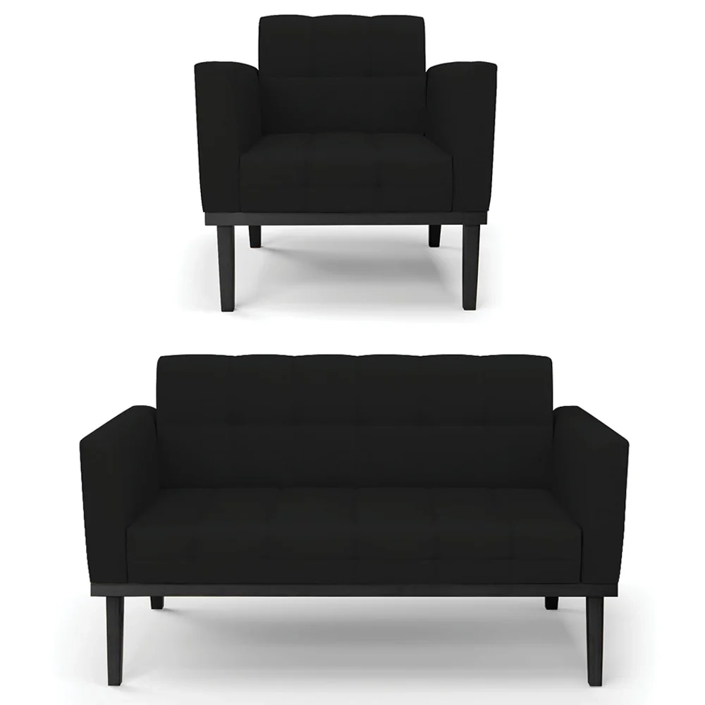 Sofá Namoradeira e 1 Poltrona Base Madeira Preto Ana Linho Preto - Ibiza