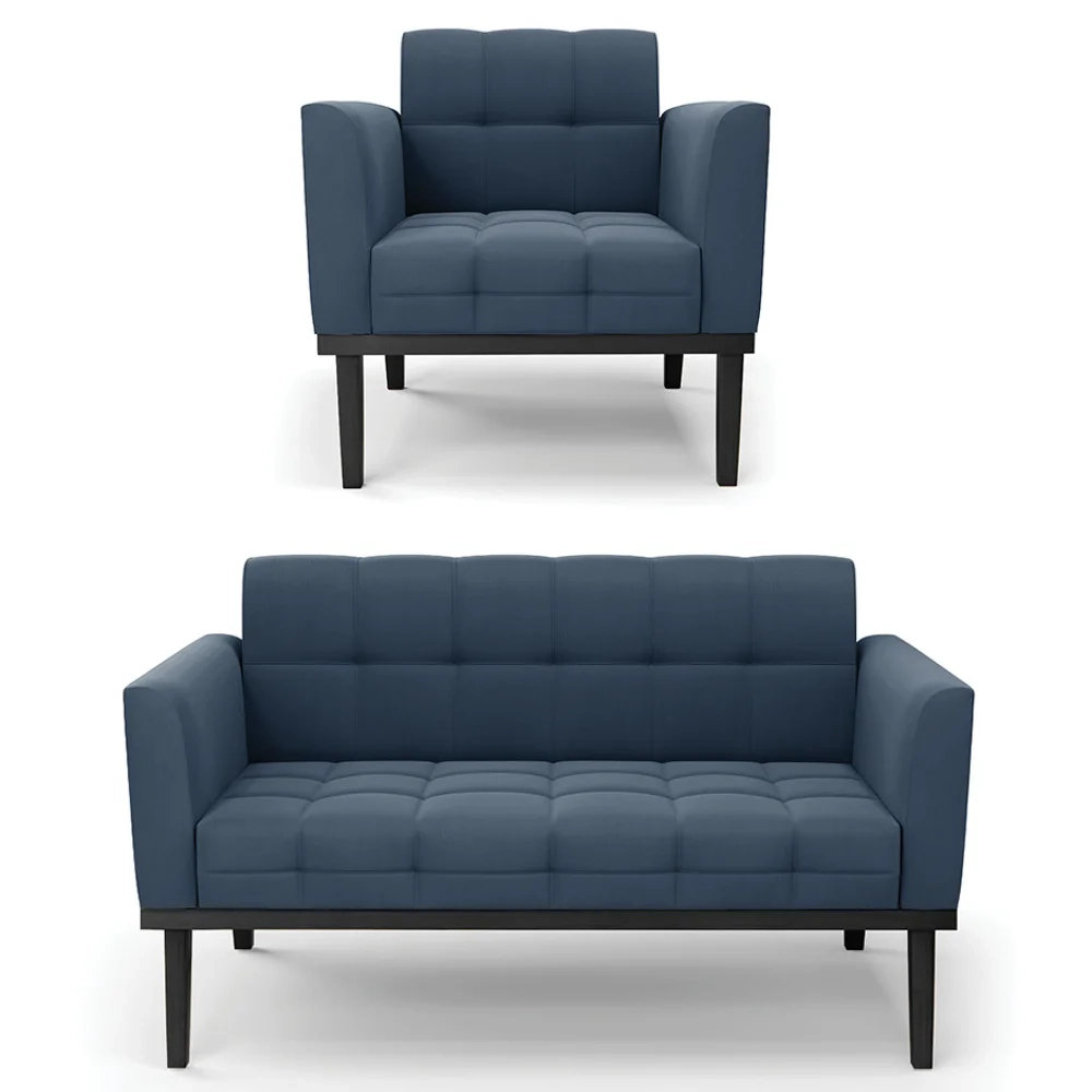 Sofá Namoradeira e 1 Poltrona Base Madeira Preto Ana Suede Azul Marinho - Ibiza