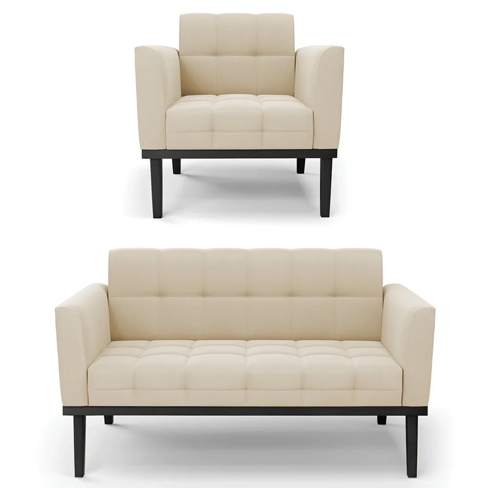Sofá Namoradeira e 1 Poltrona Base Madeira Preto Ana Suede Bege - Ibiza