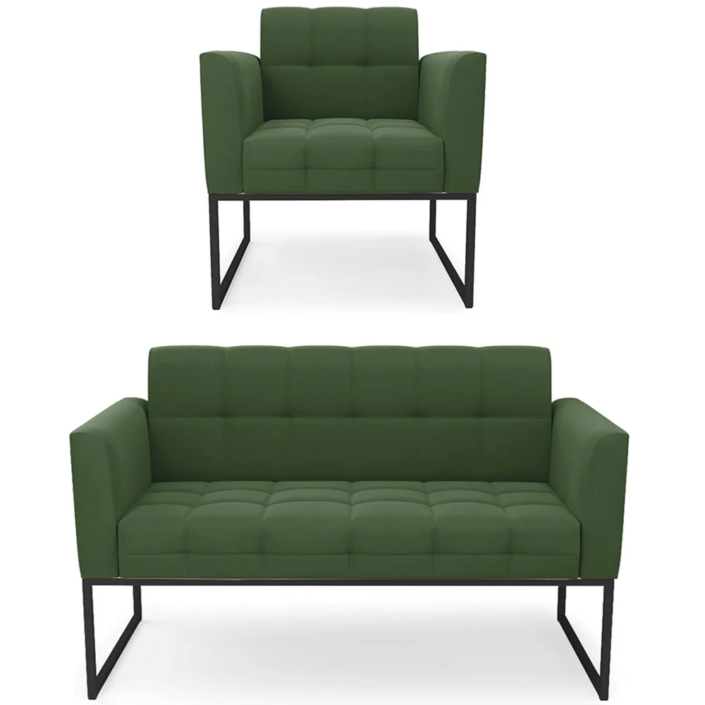 Sofá Namoradeira e 1 Poltrona Base Industrial Preto Ana Suede Verde - Ibiza