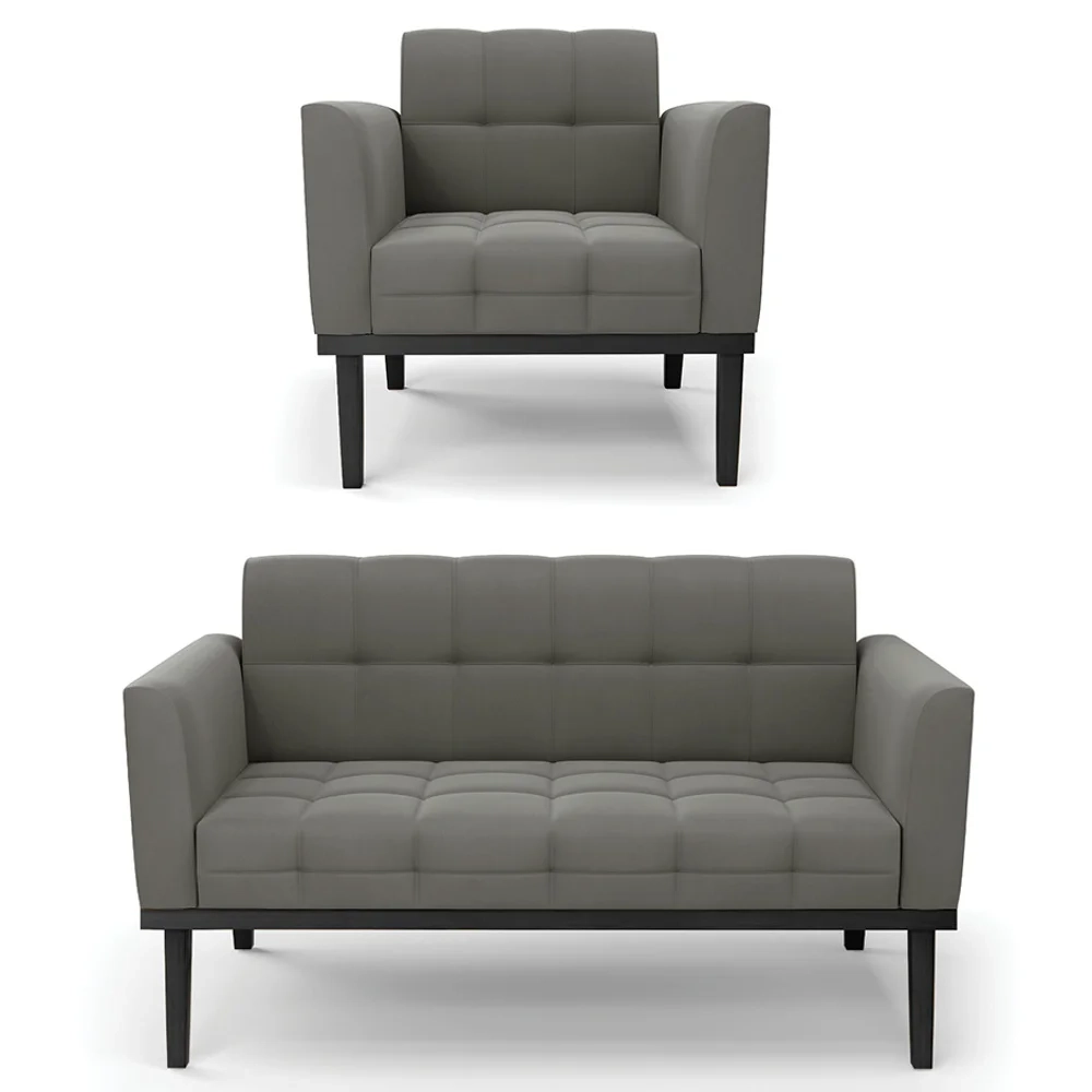 Sofá Namoradeira e 1 Poltrona Base Madeira Preto Ana Suede Grafite - Ibiza