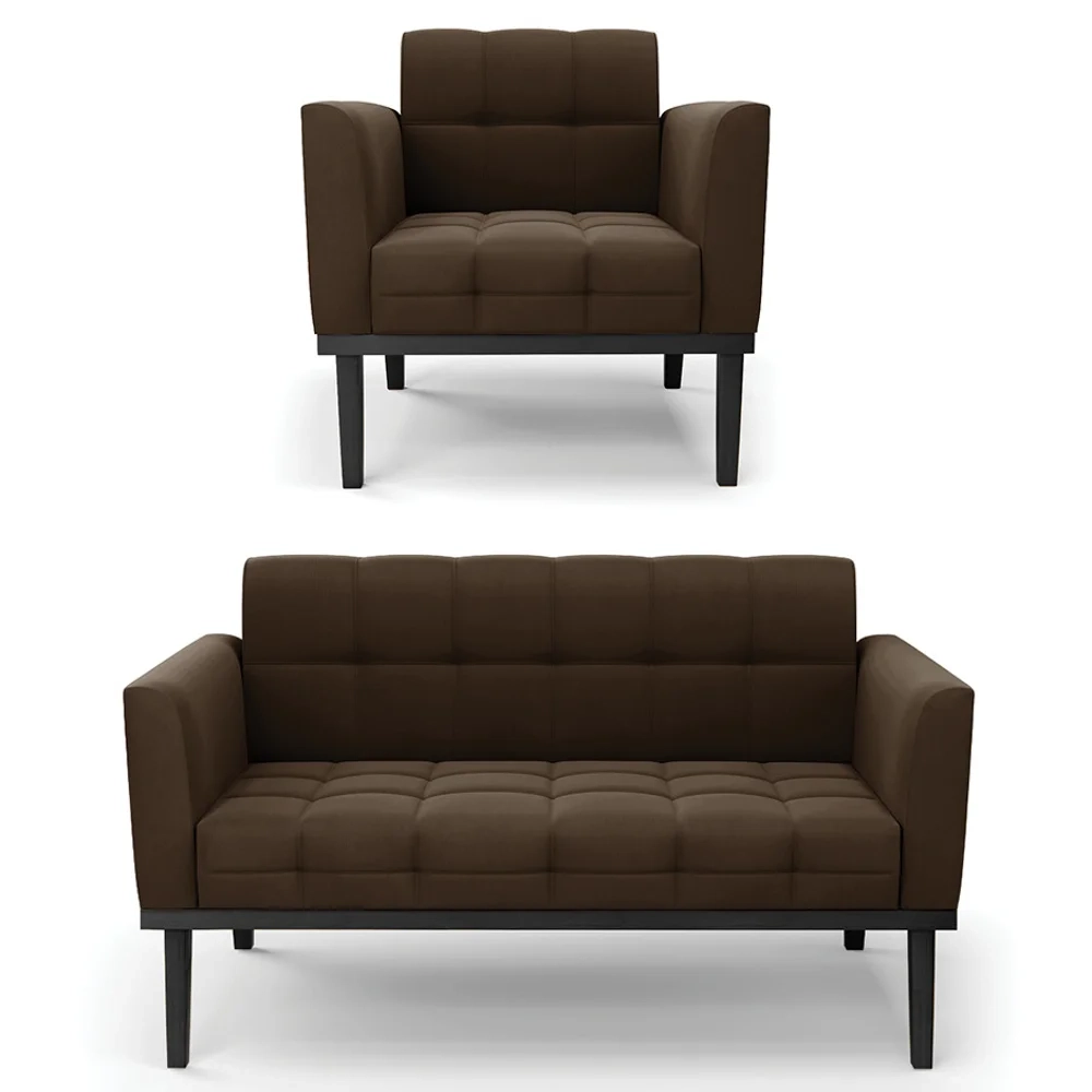 Sofá Namoradeira e 1 Poltrona Base Madeira Preto Ana Suede Marrom - Ibiza