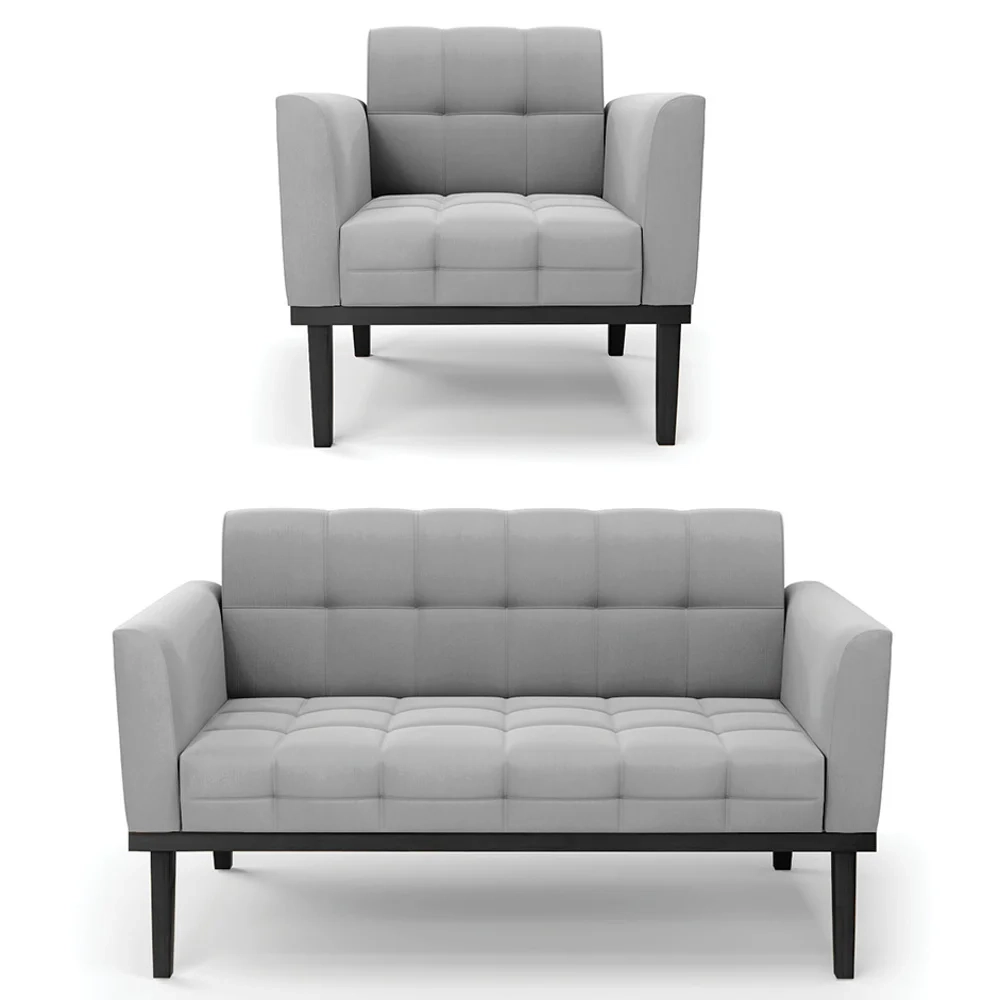 Sofá Namoradeira e 1 Poltrona Base Madeira Preto Ana Suede Cinza - Ibiza
