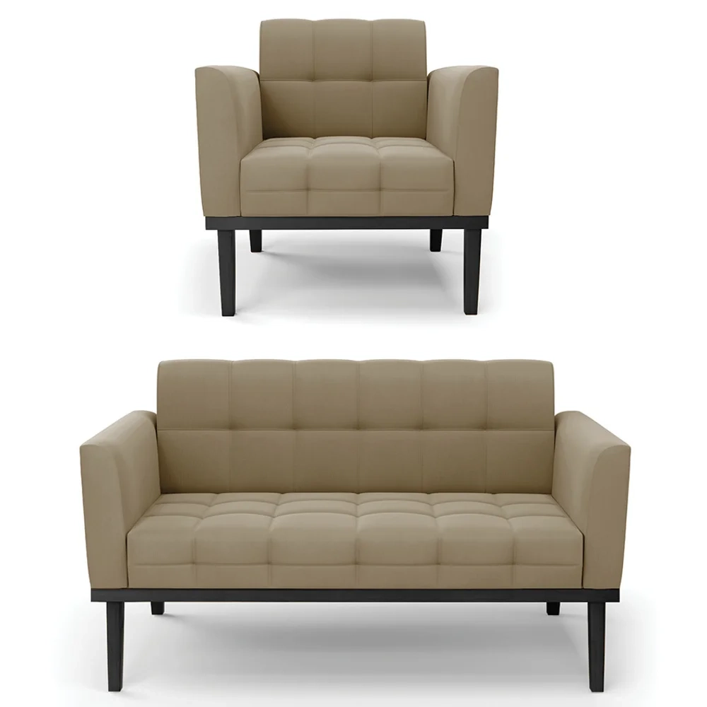 Sofá Namoradeira e 1 Poltrona Base Madeira Preto Ana Suede Marrom RT - Ibiza