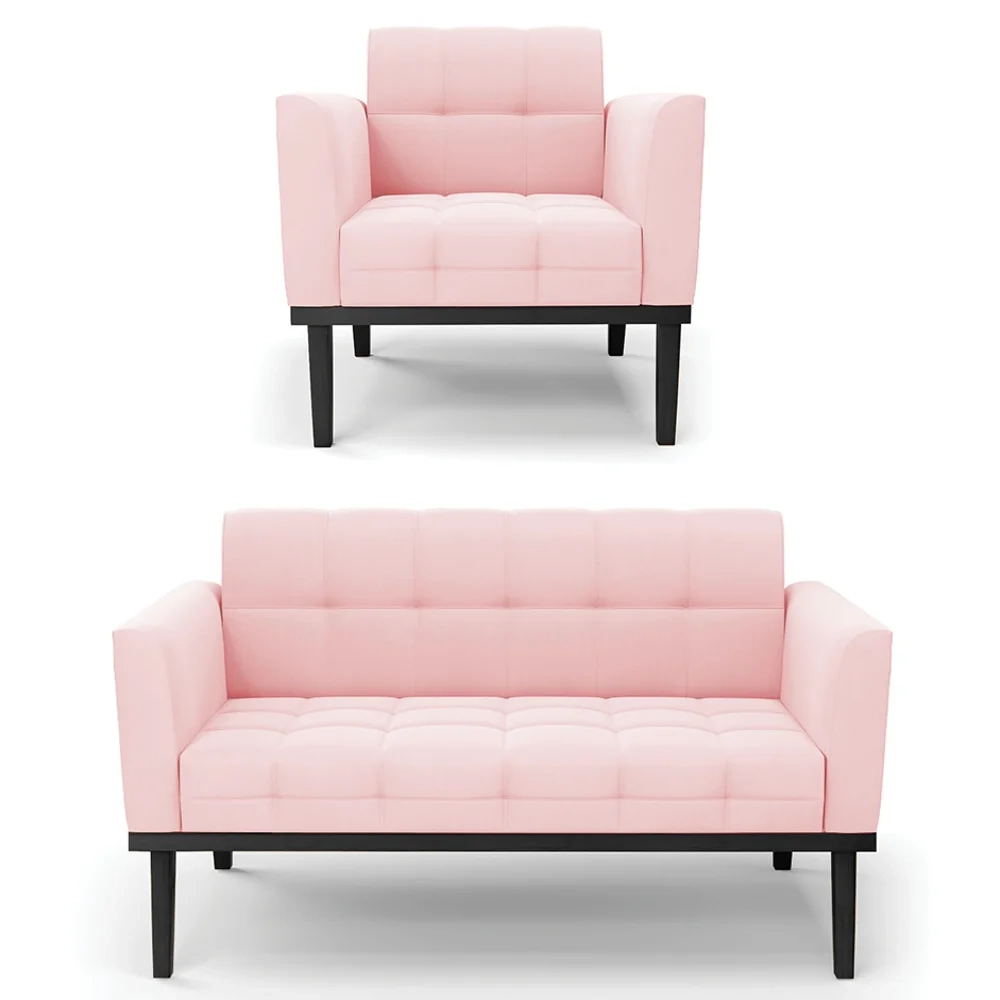 Sofá Namoradeira e 1 Poltrona Base Madeira Preto Ana Suede Rosa Bebê - Ibiza