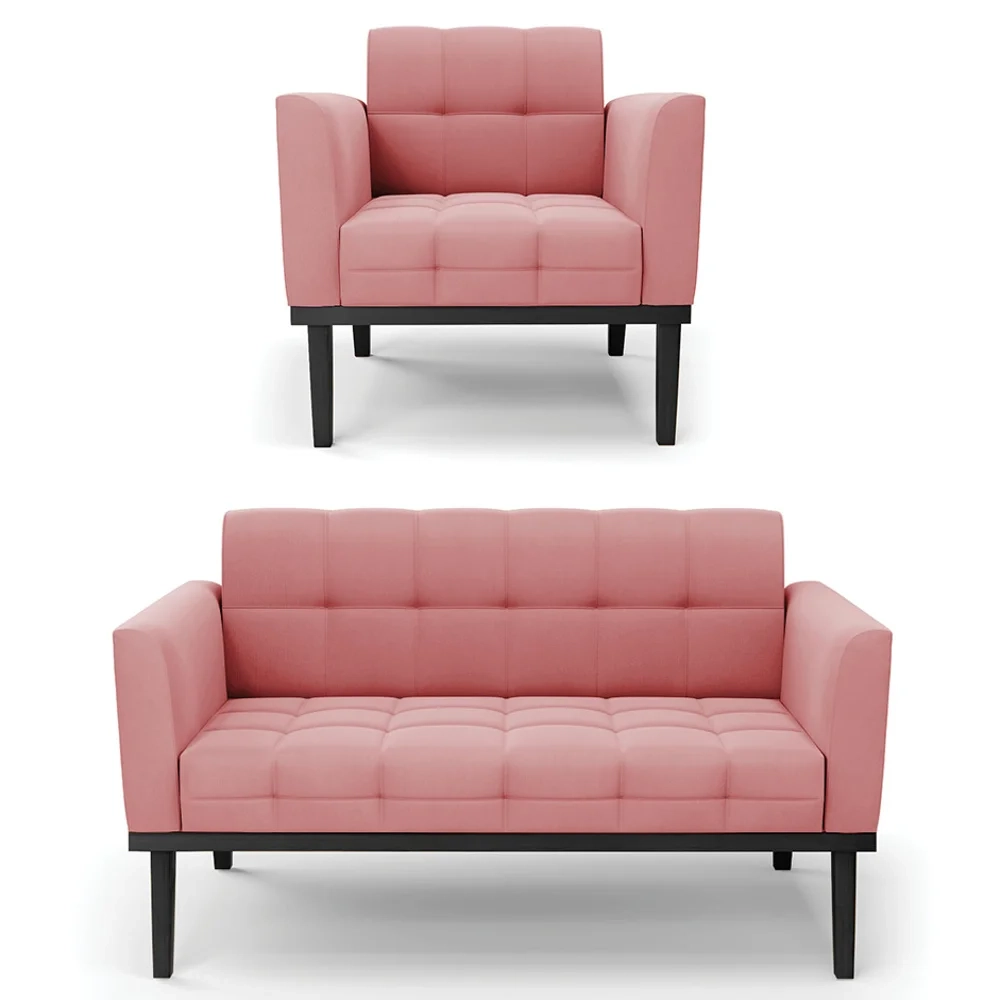 Sofá Namoradeira e 1 Poltrona Base Madeira Preto Ana Suede Rosê - Ibiza