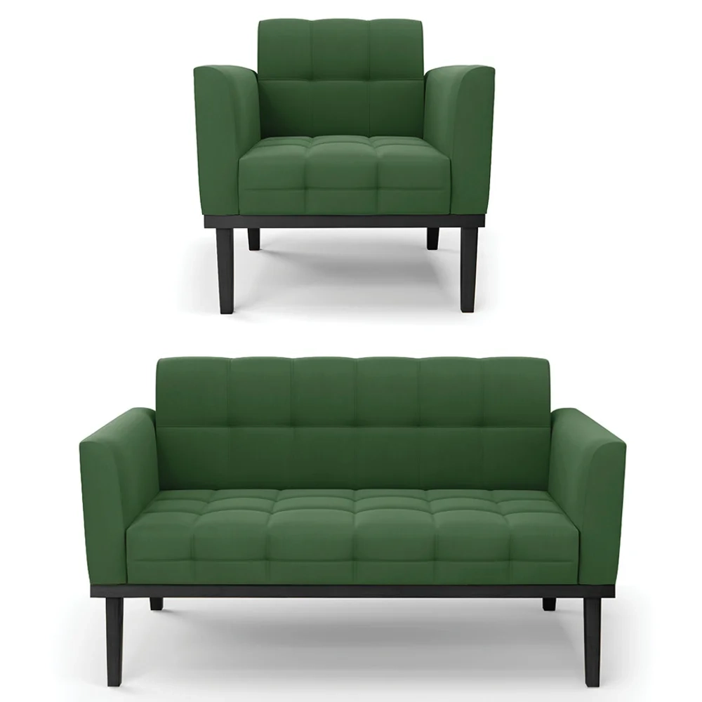 Sofá Namoradeira e 1 Poltrona Base Madeira Preto Ana Suede Verde - Ibiza