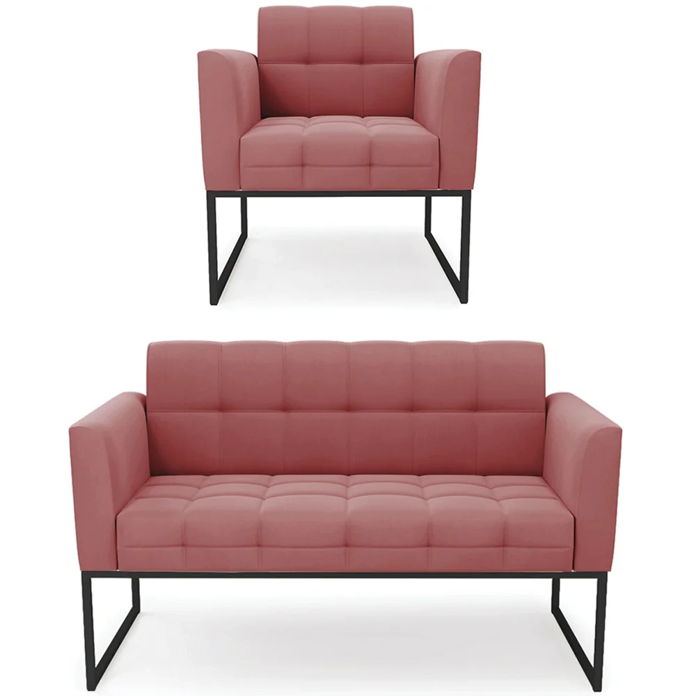 Sofá Namoradeira e 1 Poltrona Base Industrial Preto Ana Suede Rosê - Ibiza
