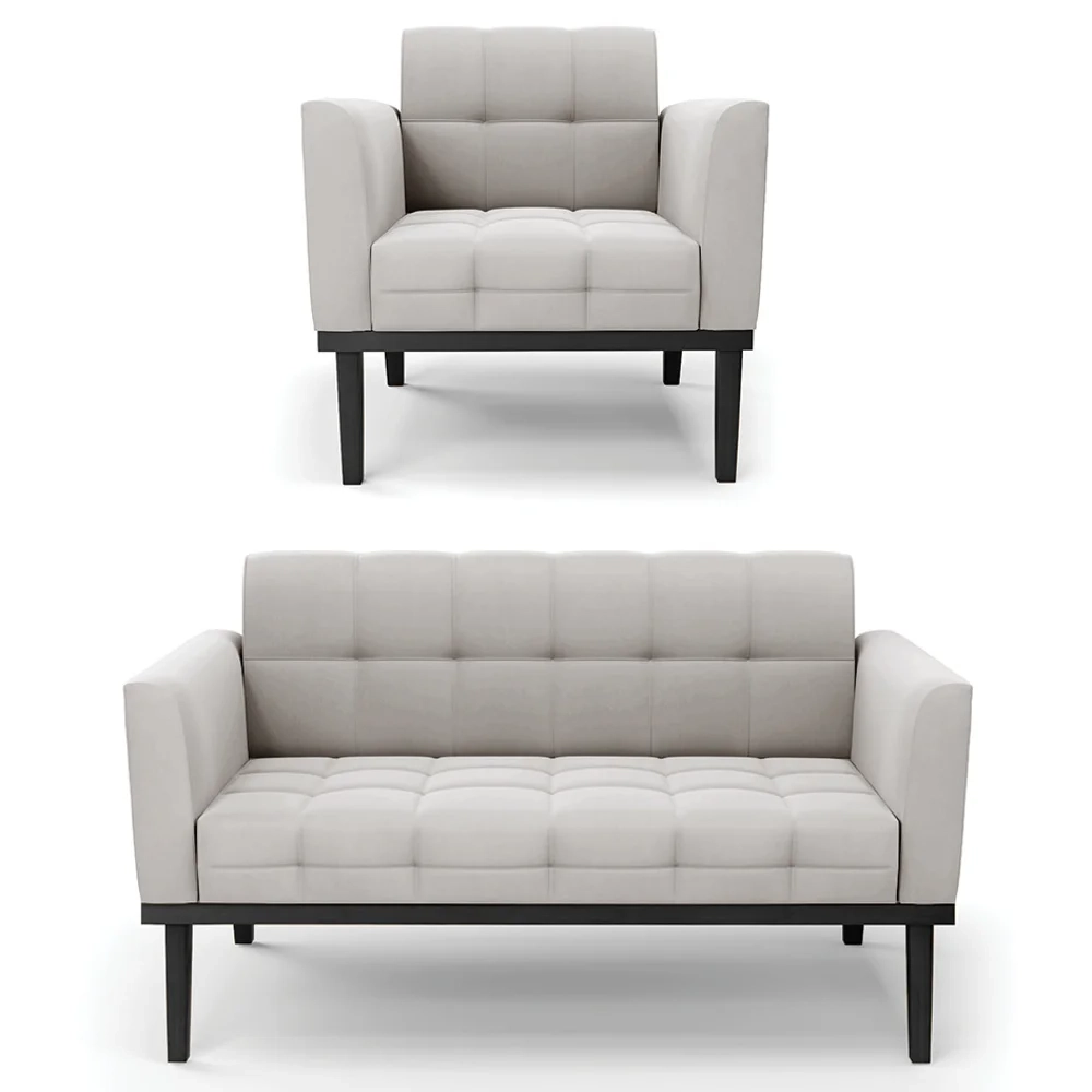 Sofá Namoradeira e 1 Poltrona Base Madeira Preto Ana Veludo Cinza - Ibiza