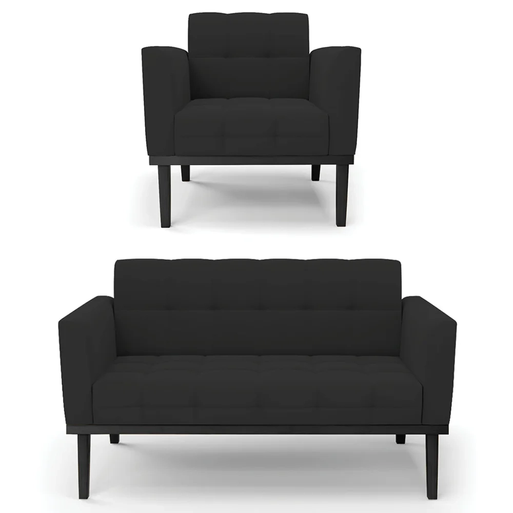 Sofá Namoradeira e 1 Poltrona Base Madeira Preto Ana Veludo Preto - Ibiza