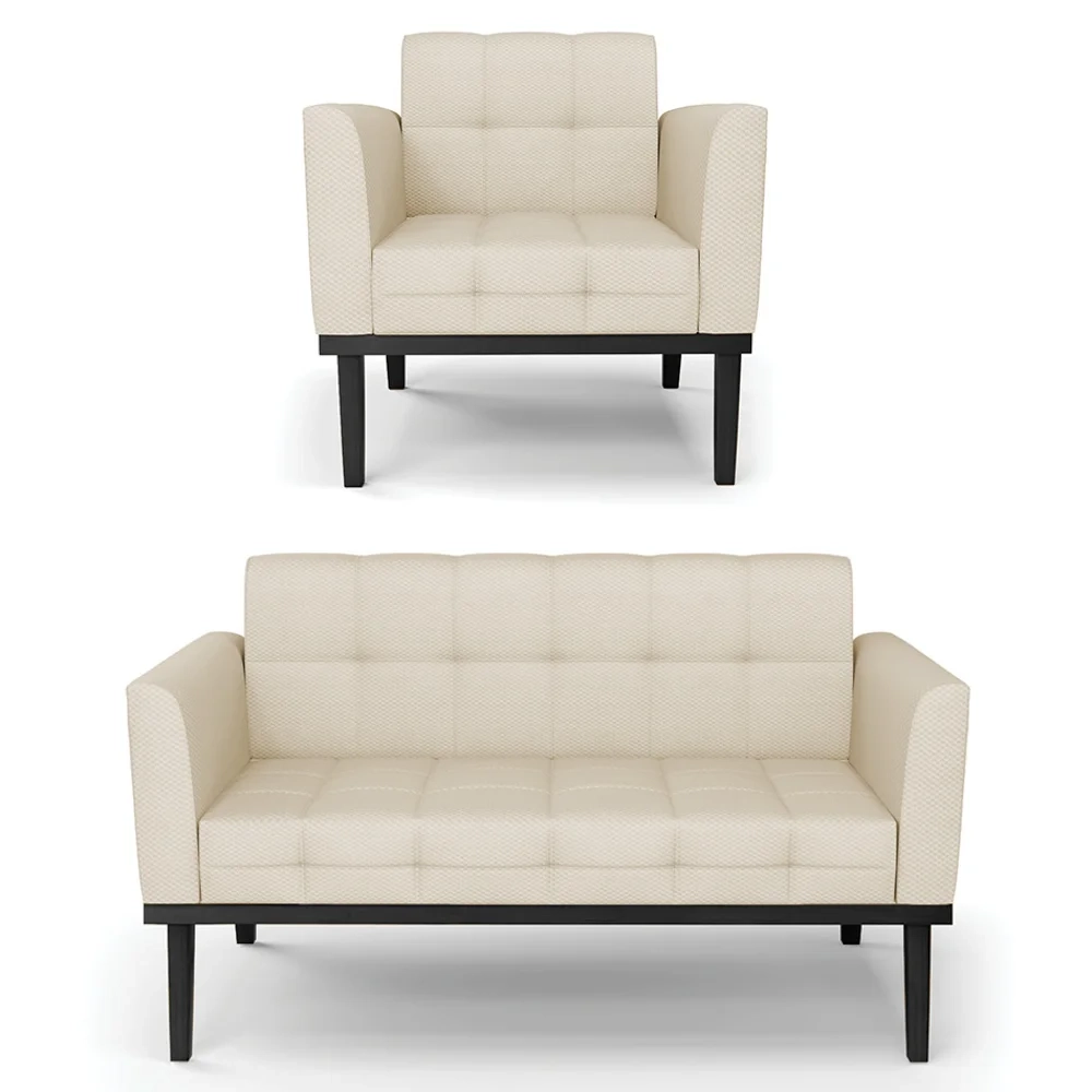 Sofá Namoradeira e 1 Poltrona Base Madeira Preto Ana Veludo Luxo Off White - Ibiza