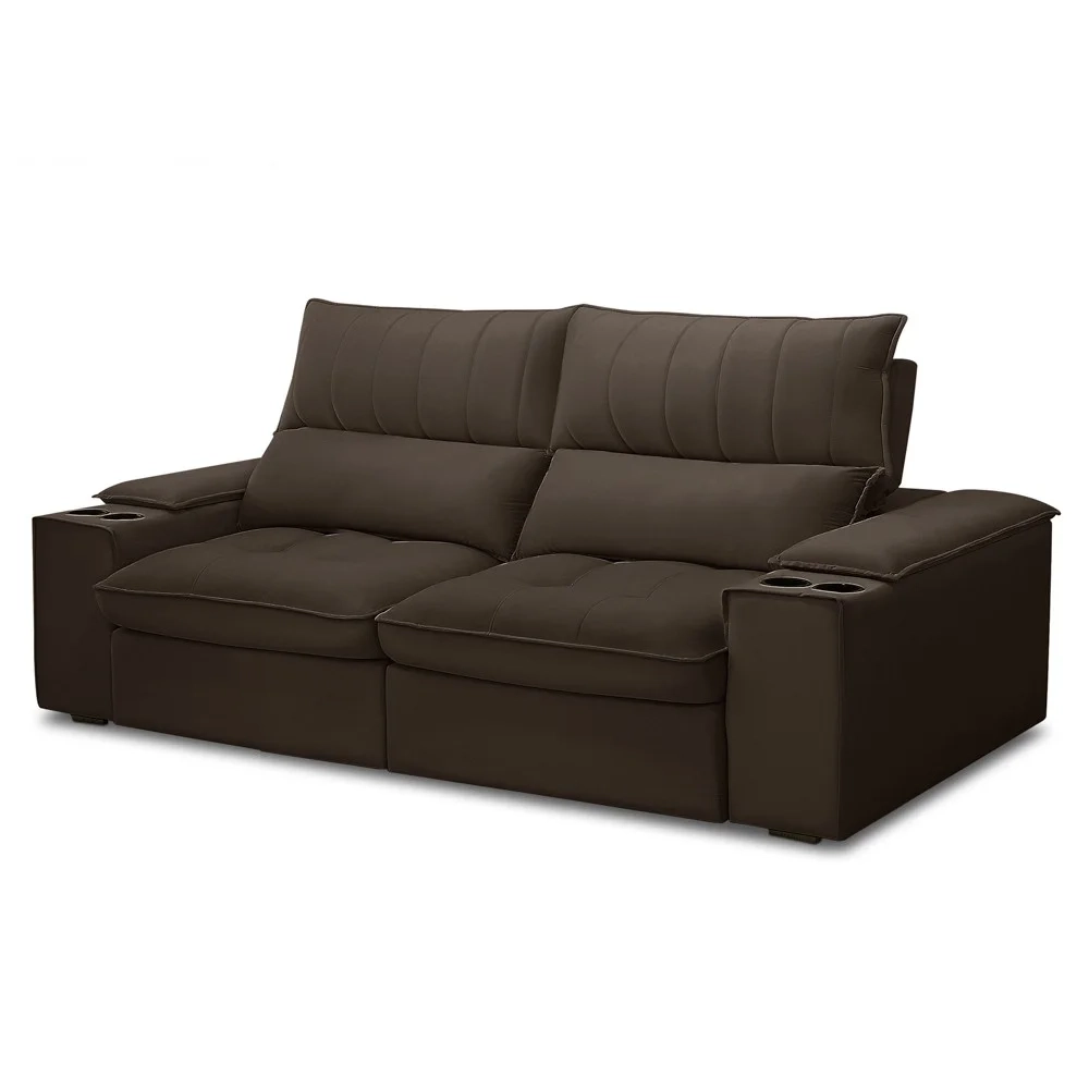 Sofá Retrátil 3 Lugares com Porta Copo 230cm Andes F05 Veludo Marrom Escuro - Mpozenato