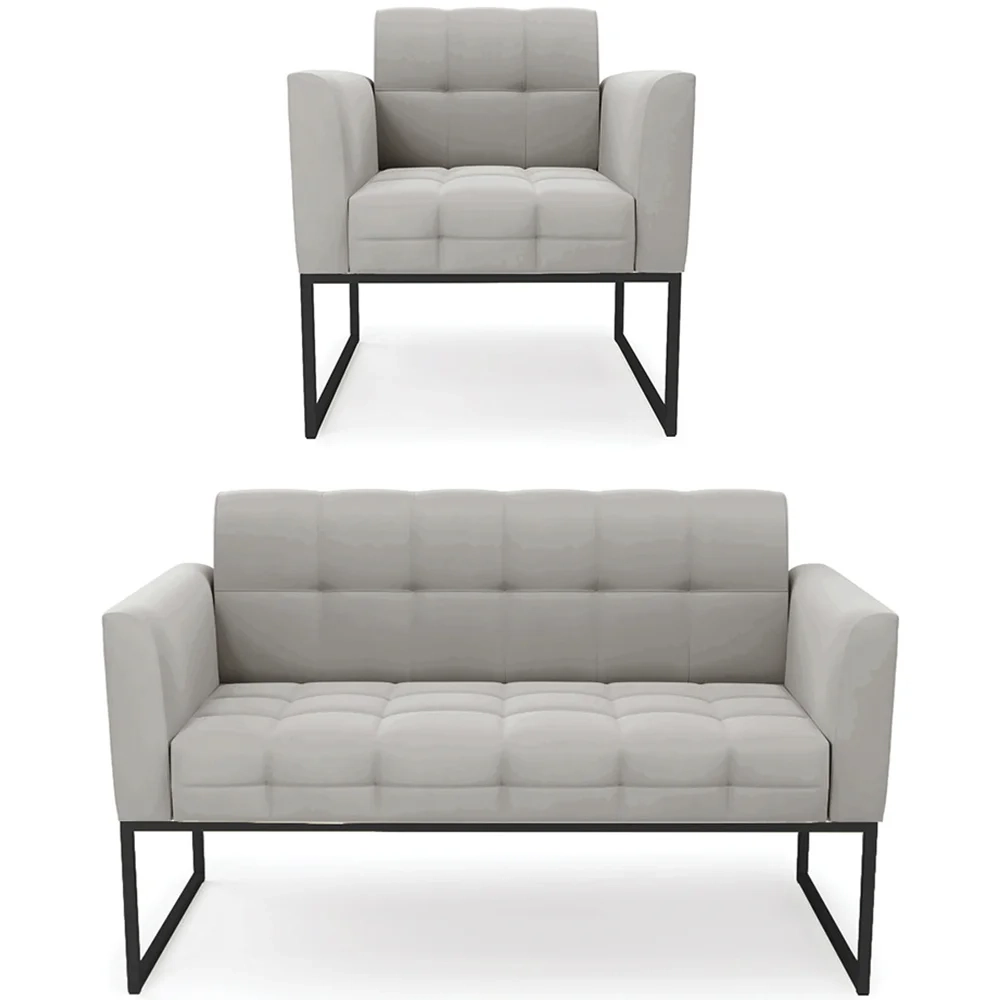 Sofá Namoradeira e 1 Poltrona Base Industrial Preto Ana Veludo Cinza - Ibiza