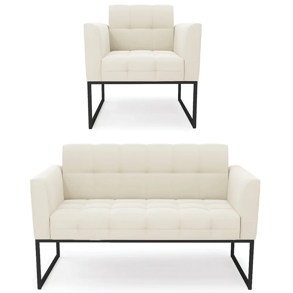 Sofá Namoradeira e 1 Poltrona Base Industrial Preto Ana Veludo Bege - Ibiza