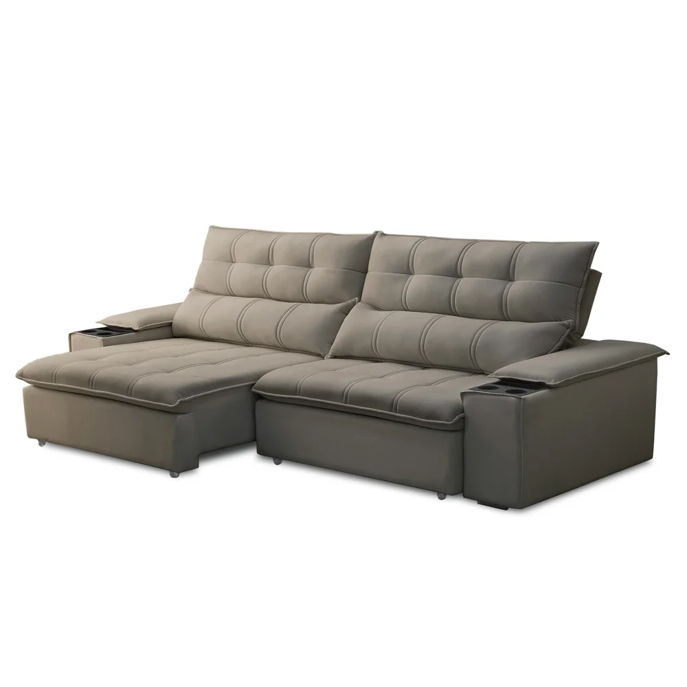 Sofá Retrátil 3 Lugares com Porta Copo 230cm Malta F05 Veludo Marrom - Mpozenato