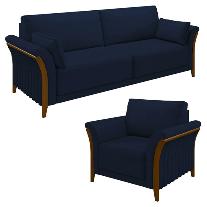 Kit Sofá Living 3 Lugares e Poltrona 102cm Pés Madeira Roya Z32 Veludo Azul Marinho - Mpozenato