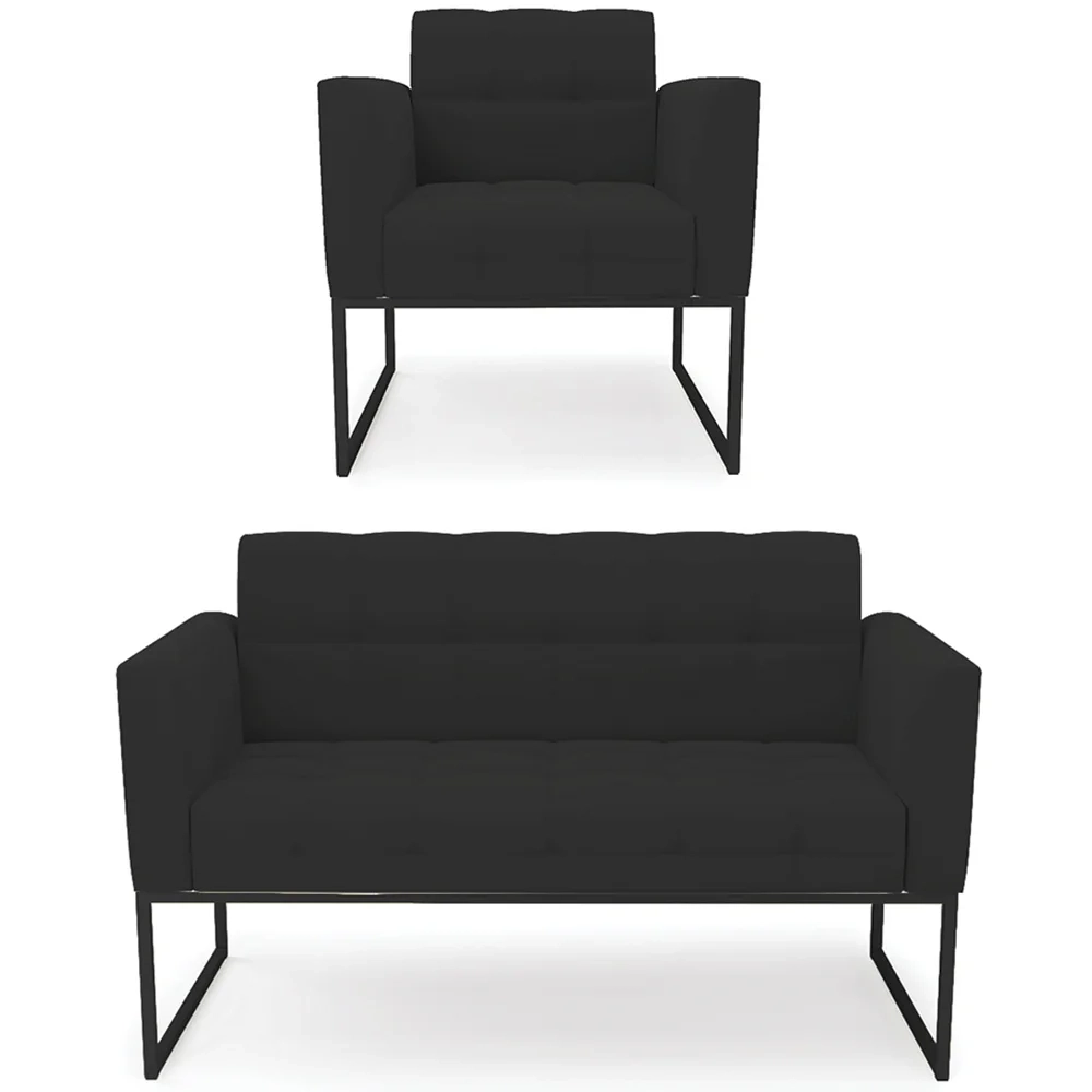 Sofá Namoradeira e 1 Poltrona Base Industrial Preto Ana Veludo Preto - Ibiza