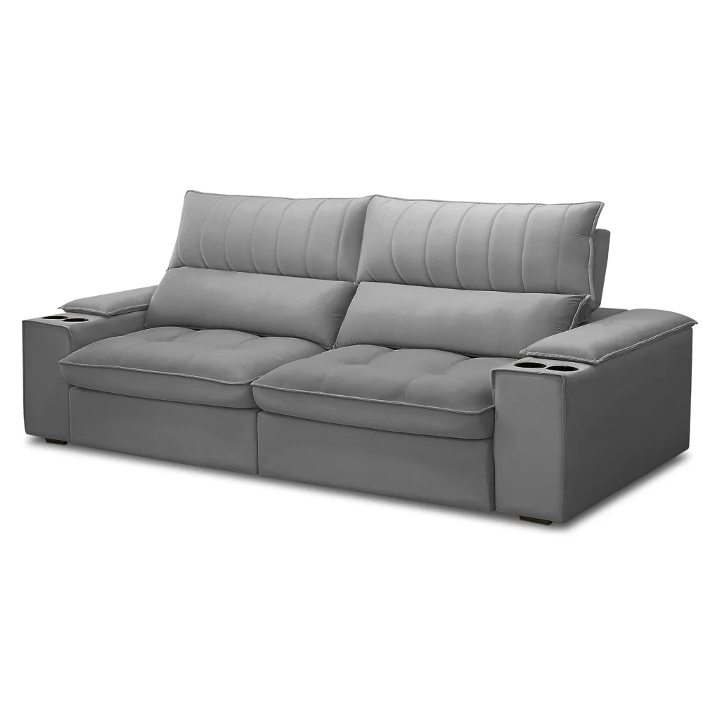 Sofá Retrátil 3 Lugares com Porta Copo 250cm Andes F05 Veludo Cinza - Mpozenato