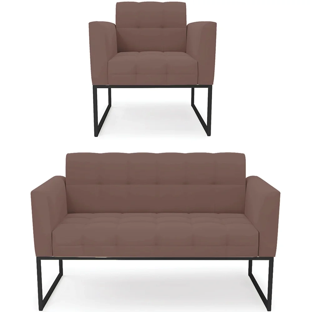 Sofá Namoradeira e 1 Poltrona Base Industrial Preto Ana Veludo Rosê - Ibiza
