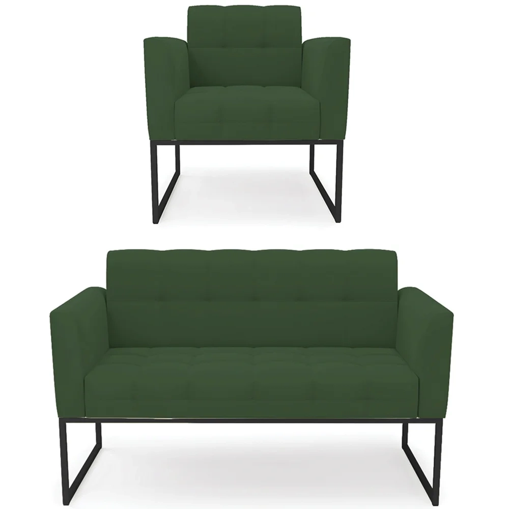 Sofá Namoradeira e 1 Poltrona Base Industrial Preto Ana Veludo Verde - Ibiza
