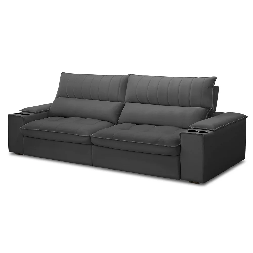 Sofá Retrátil 4 Lugares com Porta Copo 280cm Andes F05 Veludo Grafite - Mpozenato