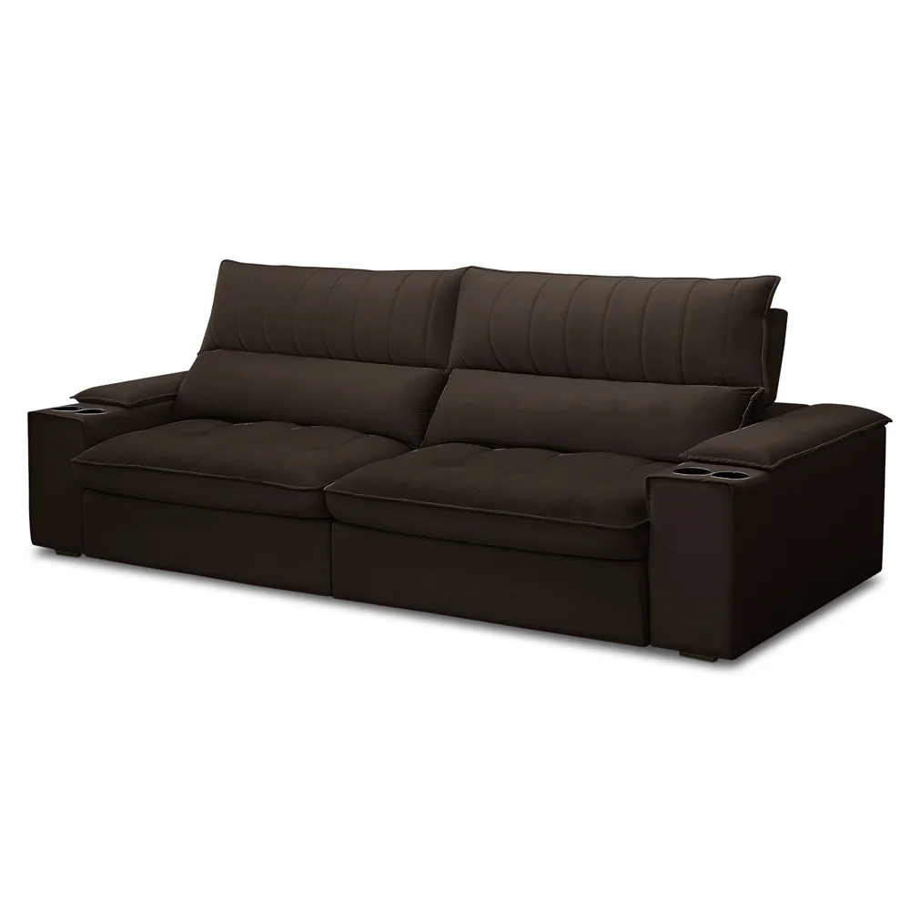 Sofá Retrátil 4 Lugares com Porta Copo 280cm Andes F05 Veludo Marrom Escuro - Mpozenato