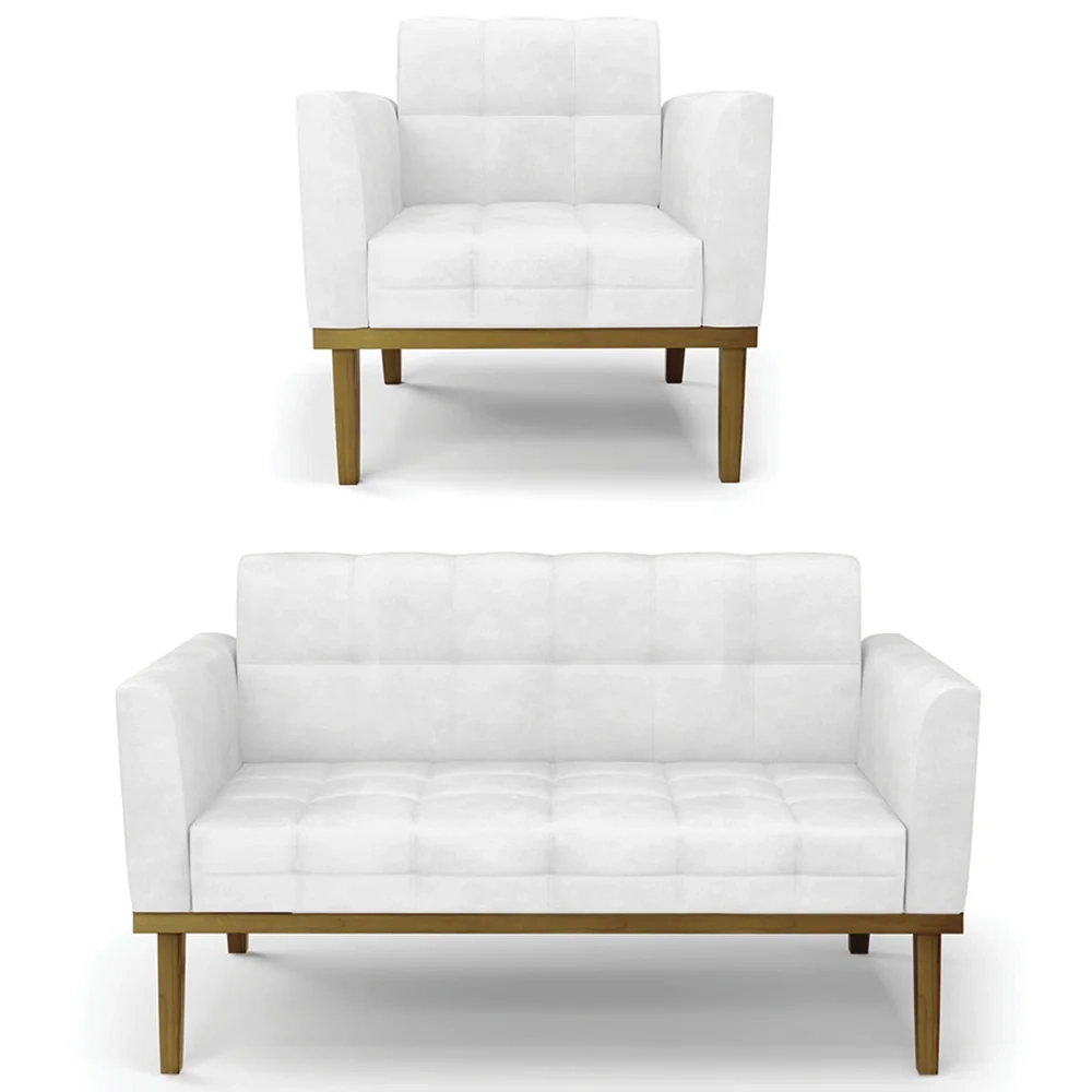 Sofá Namoradeira e 1 Poltrona Base Madeira Castanho Ana Sintético PU Branco - Ibiza