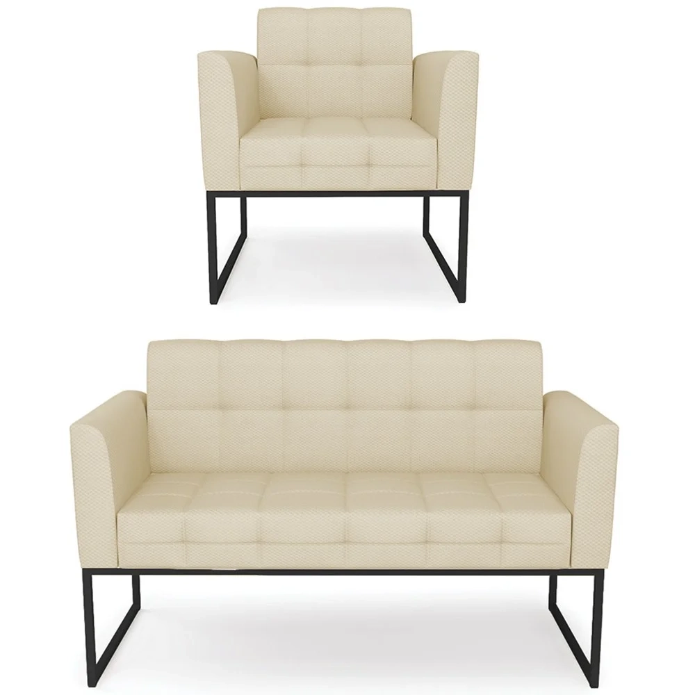 Sofá Namoradeira e 1 Poltrona Base Industrial Preto Ana Veludo Luxo Off White - Ibiza