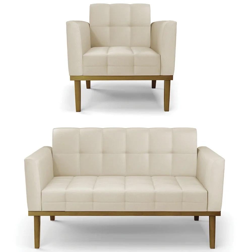 Sofá Namoradeira e 1 Poltrona Base Madeira Castanho Ana Sintético Bege - Ibiza