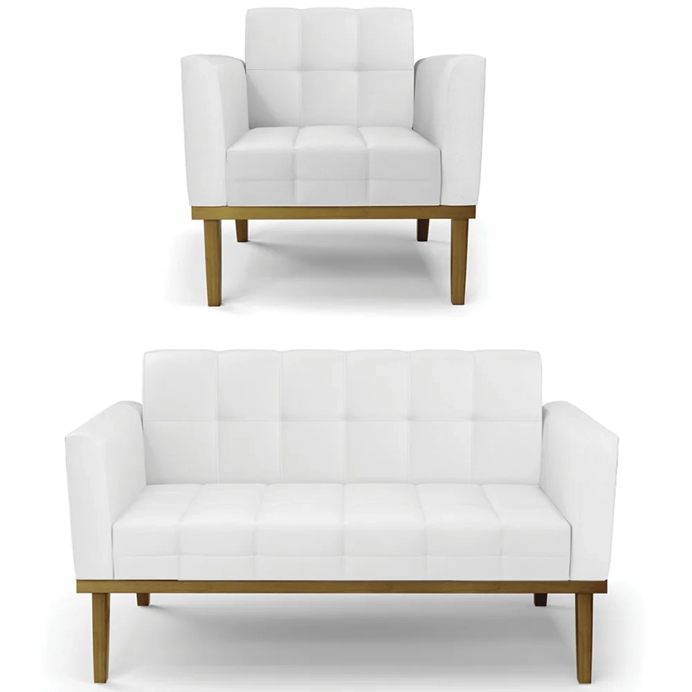 Sofá Namoradeira e 1 Poltrona Base Madeira Castanho Ana Sintético Branco - Ibiza