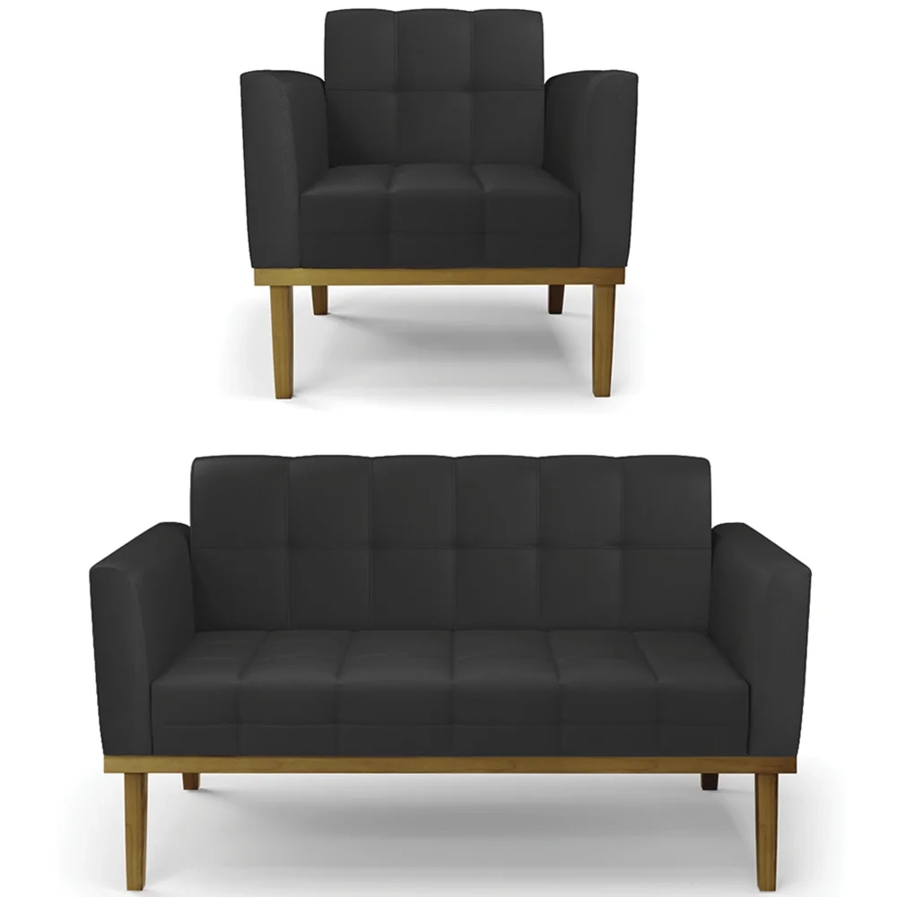 Sofá Namoradeira e 1 Poltrona Base Madeira Castanho Ana Sintético Preto - Ibiza