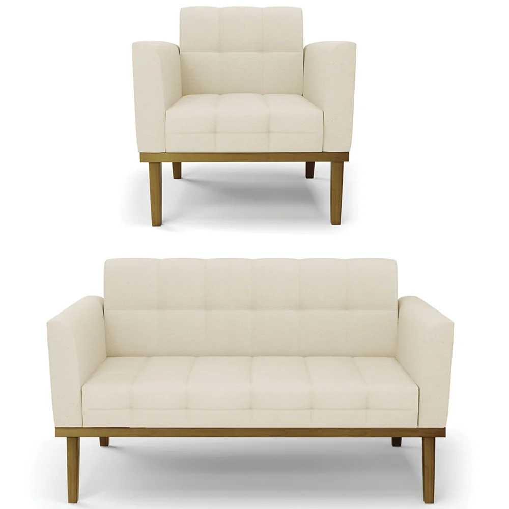 Sofá Namoradeira e 1 Poltrona Base Madeira Castanho Ana Linho Bege - Ibiza