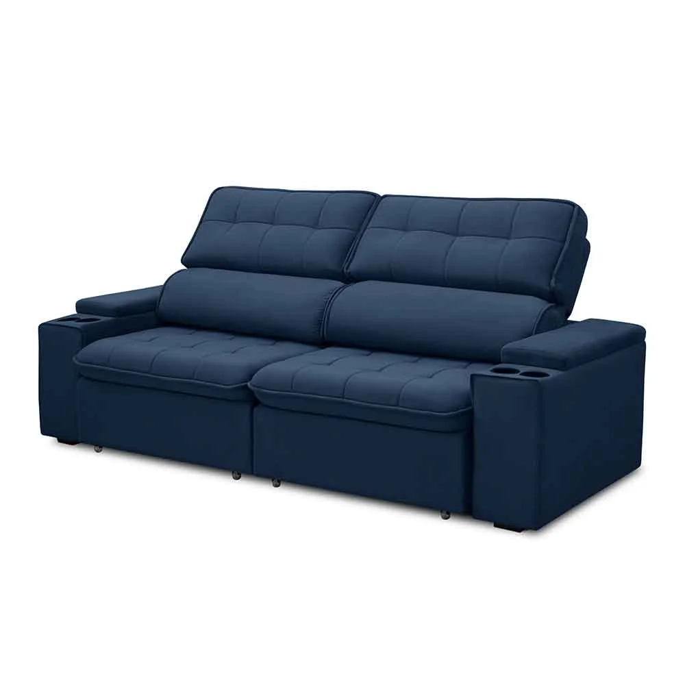 Sofá Retrátil Reclinável 3 Lugares 250cm Ginevra F05 Veludo Azul - Mpozenato
