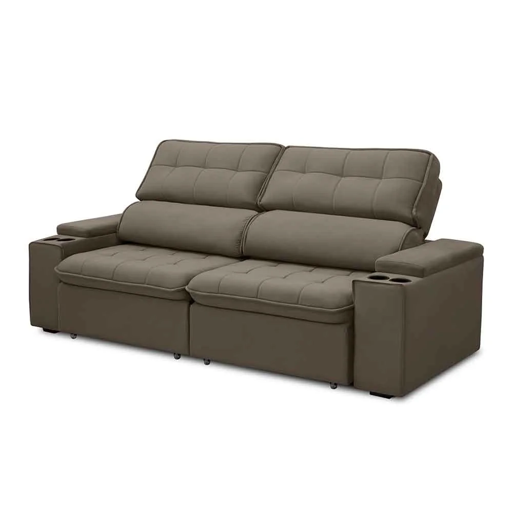Sofá Retrátil Reclinável 3 Lugares 250cm Ginevra F05 Veludo Castor - Mpozenato