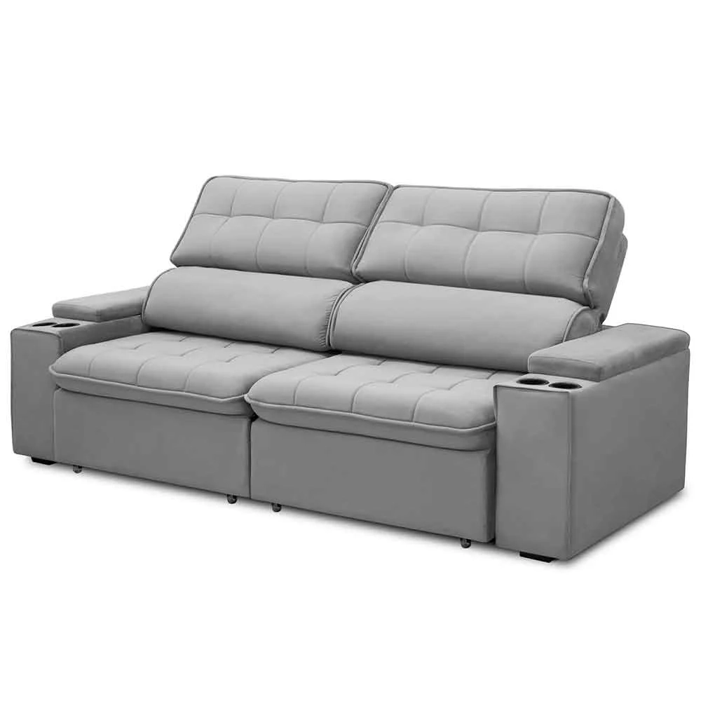Sofá Retrátil Reclinável 3 Lugares 250cm Ginevra F05 Veludo Prata - Mpozenato
