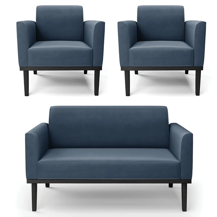 Sofá Namoradeira e 2 Poltronas Base Madeira Preto Maressa Suede Azul Marinho - Ibiza