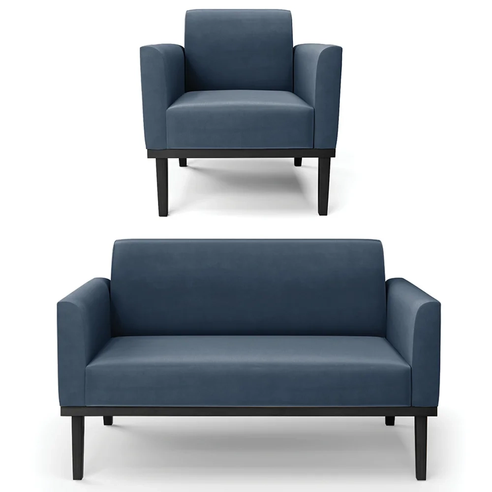 Sofá Namoradeira e 1 Poltrona Base Madeira Preto Maressa Suede Azul Marinho - Ibiza