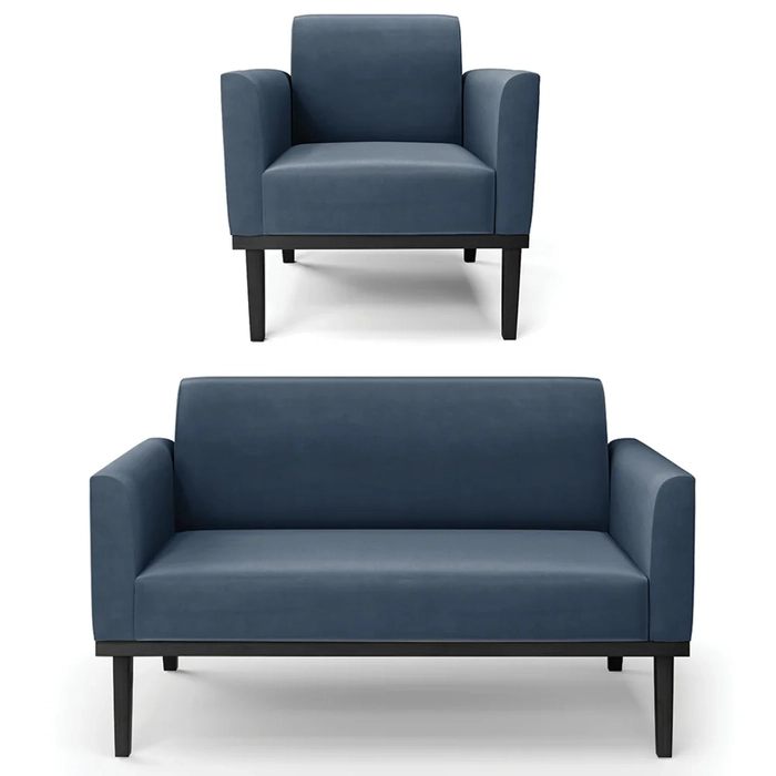 Sofá Namoradeira e 1 Poltrona Base Madeira Preto Maressa Suede Azul Marinho - Ibiza