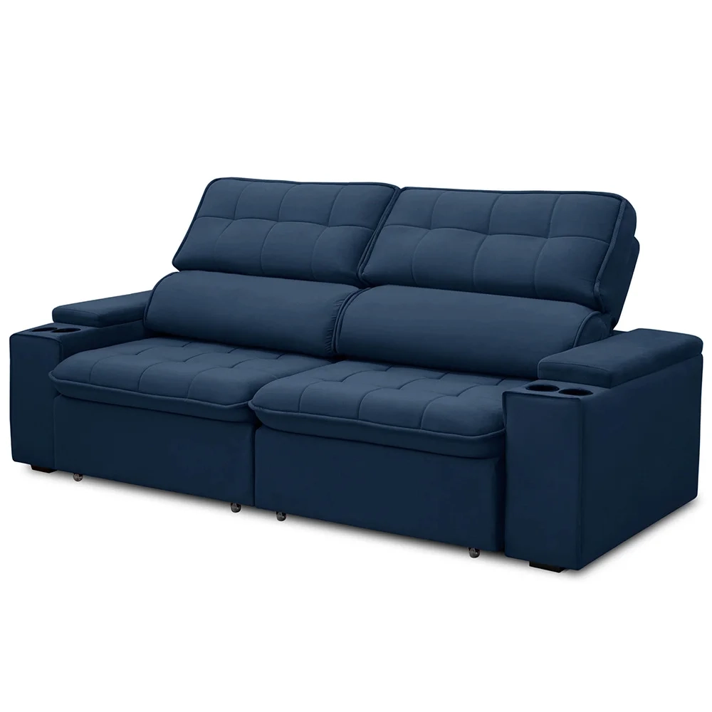 Sofá Retrátil Reclinável 3 Lugares 210cm Ginevra F05 Veludo Azul - Mpozenato