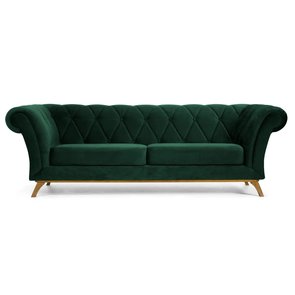 Sofá 260cm 4 Lugares Base Madeira Império C-303 Veludo Verde Musgo - Domi